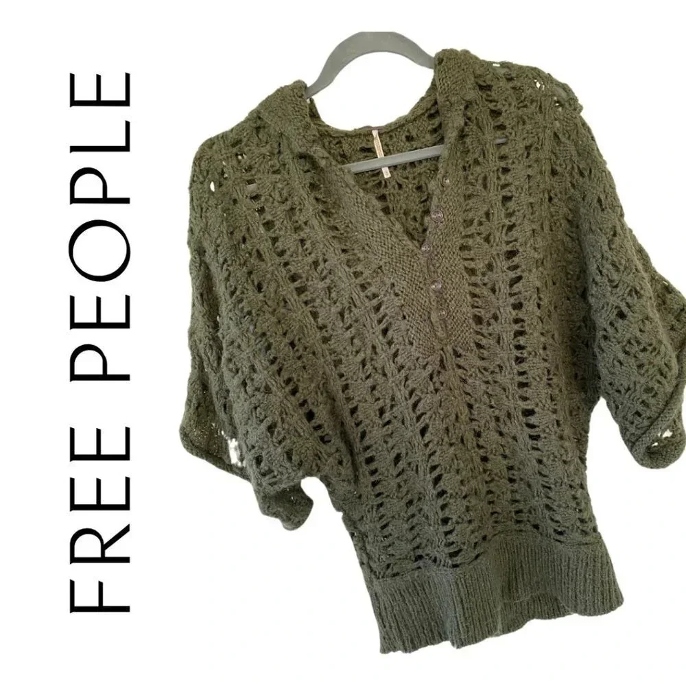 Free People, Hooded Open Knit Short Sleeve‎ Sweater Top, Olive, Army Green